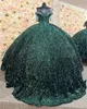 Hunter Green princess Quinceanera Dresses 2023 Beaded Tassels Off Shoulder lace-up corset prom vestidos de quinceanera mexicana