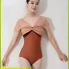 Stage Wear 2023 V Neck Surk Short Sleved Bodysuit Green/Coffee Balet Balet Lotard dla kobiet dla dorosłych trykotów jogi