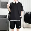 Herrespår våffla mönster 2 stycke män shorts set sommar spårdräkt män modekläder harajuku stil japan mode lös passform 230213