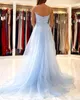 Light Sky Blue Mermaid Vestidos de baile largos para mujeres Black Girls Apliques de encaje con tren desmontable Vestido formal Fiesta de noche Vestidos de cumpleaños por encargo