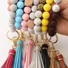 Bangle Custom Candy Color Long Leather Fringe Tassel Silikonpärlor Armband Charm Träpärlad handled Nyckelring Anti-Lost Key Ring