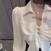 Damesblouses shirts werkstijl v boog witte blouse vrouwen lente 2023 ol lange mouw chiffon shirt elegante tops blusas mujer casual Korea