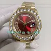 Med Box 5 Style Automatiska klockor för Mens Big Diamond Bezel Red Dial 43mm 18K Gul guldarmband Mekaniska armbandsur armbandsur Mäns klockor
