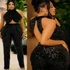 Arabiska aso ebi svarta jumpsuits prom kl￤nningar backless gillter paljett spets kv￤ll engagemang tillf￤lle kl￤nning byxdr￤kt