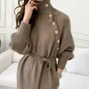 Kvinnors tr￶jor 2023 Autumn Winter Ribbed Blackcoat Dresses for Women Sweater Tight Mitting Long Over The Kne Bottoming Sticked Tunika