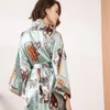 Women's Sleepwear Autumn Product Imitation Silk Ladies Single Robe Pajamas Homewear Printed Wide Version Long-sleeved Bandage Outer