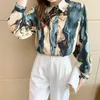 Blouses feminina Lanterna Manga de moda Top Moda Ladies Pintura de tinta Camisa da cadeia feminina Patchwork lapela Button Up Blusas Mujer