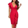 Casual Dresses Elegant V-neck Ruffle Party Women Sexy Deep V Neck Slit Flared Skirt Dress Vestidos De Mujer