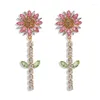 Hoop Earrings Bohemia Sunflower Tassel Dangle Women Shiny Crystal Flower Sunshine Drop Wedding Party Floral Jewelry 264E