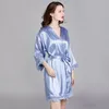 Ropa de dormir para mujer, albornoz de satén de seda de verano de talla grande, Kimono Sexy para mujer, lencería íntima sólida, bata de baño de encaje para el hogar