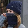 Berets Winter Women Knitting Cap Men And Outdoor Warm Thickening Velvet Loose Hat With Scarf Brand Ski Mask Set