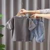 Y Summer Boy Clothing Set Baby Letter Kort ärm Tshirt Denim Shorts Suit PC Children Children Cartoon Boys kläder