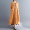 Robes de soirée Johnature femmes couleur unie col rond demi manches longues 2023 été broderie irrégulière coton lin lâche