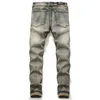 Jeans masculinos Spring e Summer Patchwork Men algodão Alto trecho de calças finas Pontas de moto com zíper plissado 230211