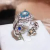 Cluster Rings Luxurious 925 Sterling Silver Vintage Feather Ring For Female Blue Crystal Open Party Birthday Jewelry Gift