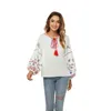 Blusas De Mujer Boho rayón algodón cuello redondo pulóver bordado Top Tie Bow camisa De manga larga señoras para Mujer Blusas De Mujer