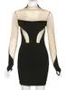 Sıradan Elbiseler Hirigin Sonbahar Moda Mesh Patchwork Kadınlar için 2023 Ey Boyun Uzun Kollu Elbise Kulüp Kıyafetleri Siyah Bodycon Mini Kadın