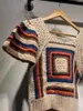 Women's Sweaters Handmade Vintage Crochet Women Sweater 2023 Square Collar Knit Jumper Stripes Puff Sleeve Female Pullover KnitwearWomen's