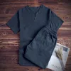 Jogging Clothing Summer Cotton Linen V Neck Black White Sets For Male Plus Size M-8XL Loose Fit Two Piece Set Man