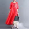 Party Dresses Johnature Women Solid Color O-Neck Half Sleeve Long 2023 Summer Embroidery Irregular Loose Cotton Linen