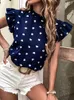 Kvinnors blusar Fashion Chiffon Print Women's Shirt Casual Ruffle Short Sleeve Top Pink Chic Woman Blue and Shirts Elegant Summer 2023