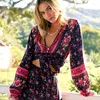 Camicette da donna Boho Nero Donna Vintage Scollo a V Stampa floreale Camicetta a maniche lunghe casual Cintura allacciata Chic Camicia taglie forti Top