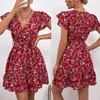 Casual Kleider Frauen Kurzarm Sexy Wrap V-ausschnitt Mini Swing Kleid Boho Blumendruck Gürtel Hohe Taille Tiered Rüschen saum Sommerkleid Y1QD