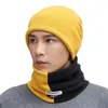 Berets 2Pcs/Set Trendy Hat Neckerchief Stretchy All-Match Scarf Set Men Autumn Winter Color Block Fleece