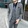 Men's Suits & Blazers Mens 3 Piece Slim Checked Suit GrayBlack Single Breasted Vintage Jacket Blazer Pants Vest Wedding Dress Men