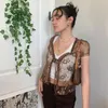 Kvinnors T -skjortor Summer Brown Vintage Lace Tshirt Crop Top Short Sleeve See Through Ty Sexy Mesh Woman Tshirts V Neck Up Floral Kawaii Clothes