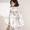 Women's Sleepwear Autumn Product Imitation Silk Ladies Single Robe Pajamas Homewear Printed Wide Version Long-sleeved Bandage Outer