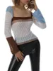 Kobiety swetry kobiety jesienne Y2K puste szwy kontrastowy Swater Swater Krótki kwadratowy kwadratowy szyja długie rękaw Sexy Top/Brown
