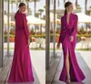 Eleganta l￥nga ￤rmar aftonkl￤nningar sexig front slits sj￶jungfru prom formell kl￤nning djup v-ringning fuchsia festkl￤nning robe de soiree 2023 ny