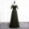 Vestido de noite com alças finas, tule verde-oliva, mangas curtas até o chão, personalizado, feito à mão, dama de honra, vestido de noite formal, vestidos de festa de formatura femininos