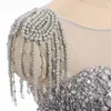 Robes de soirée luxueuses cristal paillettes gris perlé sirène robe de soirée col transparent élégant longues perles robes de bal U dos conception