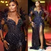 2023 Arabisch Aso Ebi Black Mermaid Prom Dresses Feather Lace kralen avond formeel feest tweede receptie verjaardag verlovingsjurken jurk zj076