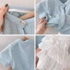 Blauwe meisjes zomerkleding sets meisje kinderen gebreid vest shirts taart rokken pak baby kinderen stuks verjaardag prinses kleding