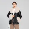 Femmes en cuir véritable peau de mouton manteau en peau de mouton véritable col en fourrure d'agneau Double Face veste hiver S3625