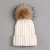 Bérets unisexe fourrure pompon haut chapeau épaissir hiver adulte avec véritable raton laveur casquette femmes grand