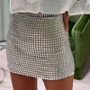 Skirts Rhinestone Mini For Women Clothes Sexy Split See Through Hollow Out Shiny Crystal Diamonds Solid