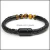 Brins de perles Bracelets en pierre naturelle Bracelet tressé en cuir véritable Fermoir magnétique en acier inoxydable noir Bracelets en perles d'oeil de tigre Dhlac