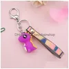 Key Rings Cartoon Dinosaur Pvc Soft Glue Doll Stripe Leather Rope Keychain Boy Girls Mobile Phone Shell Car Pendant Lovers Small Gif Dhh3R