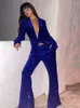 Tweede stuk broek Blauwe pailletten voor dames blazer Tops 2 Set Women Fashion Long Sleeve Rapel Coat Pakken Kantoor Lady Elegant High Taille