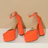 Sandals 2023 Summer Bright Orange Rose Color Closed Toe Women Pumps Shoes Block High Heeled Sexy Platform Party Bride Heels