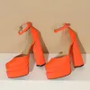 Sandalias 2023 verano brillante naranja rosa Color punta cerrada mujeres bombas zapatos bloque tacón alto Sexy plataforma fiesta novia tacones