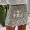 Skirts Rhinestone Mini For Women Clothes Sexy Split See Through Hollow Out Shiny Crystal Diamonds Solid