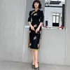 Ethnic Clothing Women Chinese Dresses Qipao Hanfu Traditional Cheongsam Vintage Lace Stand Collar High Split Year Elegant Sexy Embroidery