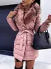 Women's Trench Coats Women's Winter Plus Size Jacket Fashion Bowknot Belt Faux Fur Collar Solid Color Warm Thick Slim Long