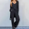 Women's Two Piece Pants 3 Pcs/Set Chic V Neck Autumn Coat Vest Set Midi Length Wide Leg Solid Color Fall Outfit Thermal