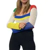 Damenpullover Damen Herbst Y2K Hohlnähte Kontrastfarbenpullover Kurzer bunter quadratischer Ausschnitt Langarm Sexy Top Blau/Braun